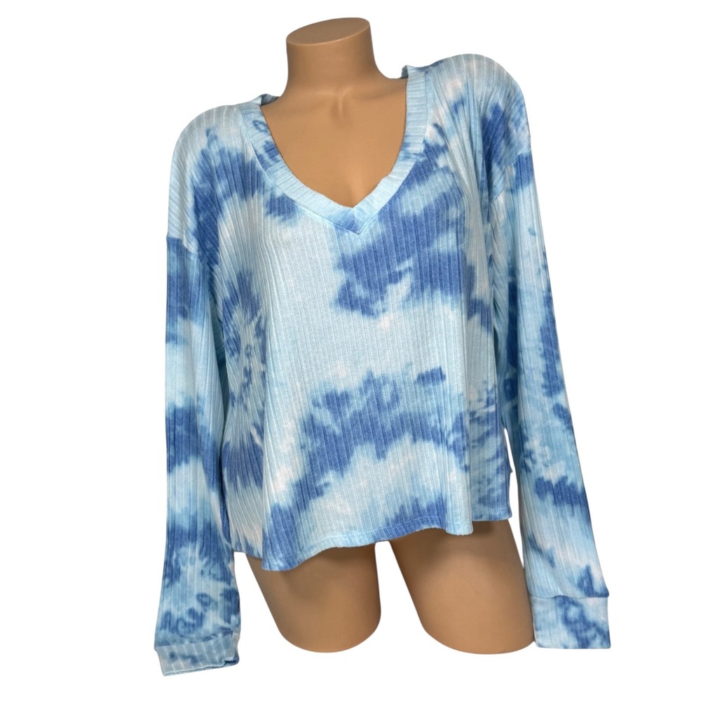 PINK Victoria's Secret Tie Dye Ribbed V-Neck Long Sleeve Top Blue White‎ Medium